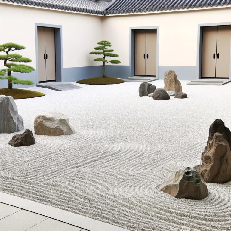 Accogliente giardino Zen all'ingresso dell'edificio per migliorare l'energia con il Feng Shui